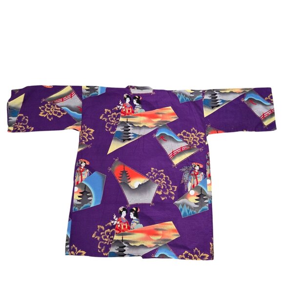 Japanese Kimono Robe Raw Silk Geisha Landscape Print Purple Open Front Belt Vtg - Picture 6 of 10